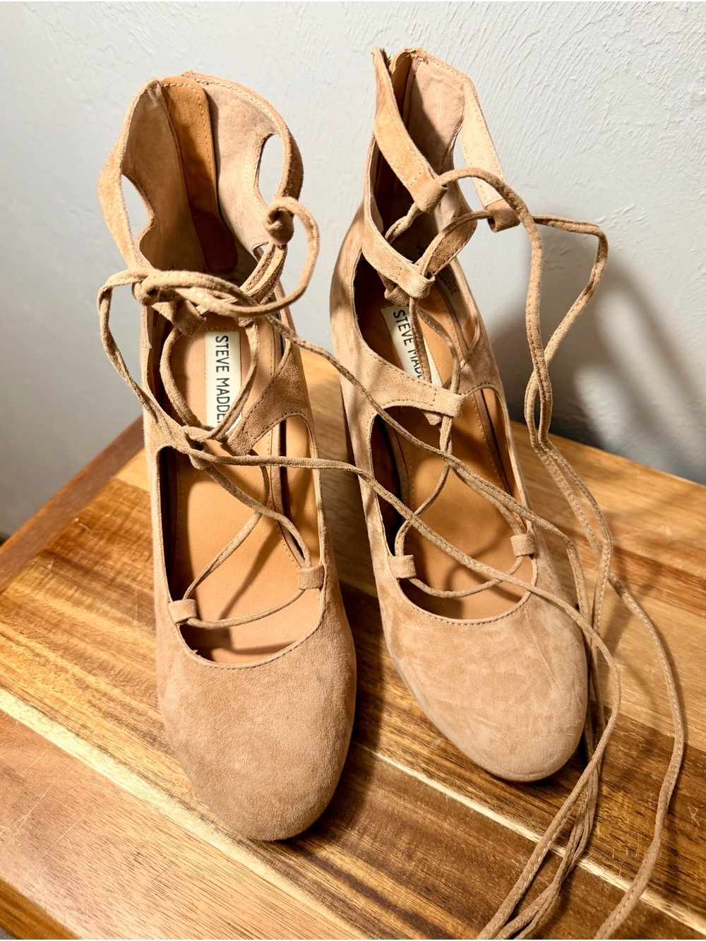 Steve Madden Beige/Tan Suede Lace-Up Block Heel Pumps - Picture 5 of 15